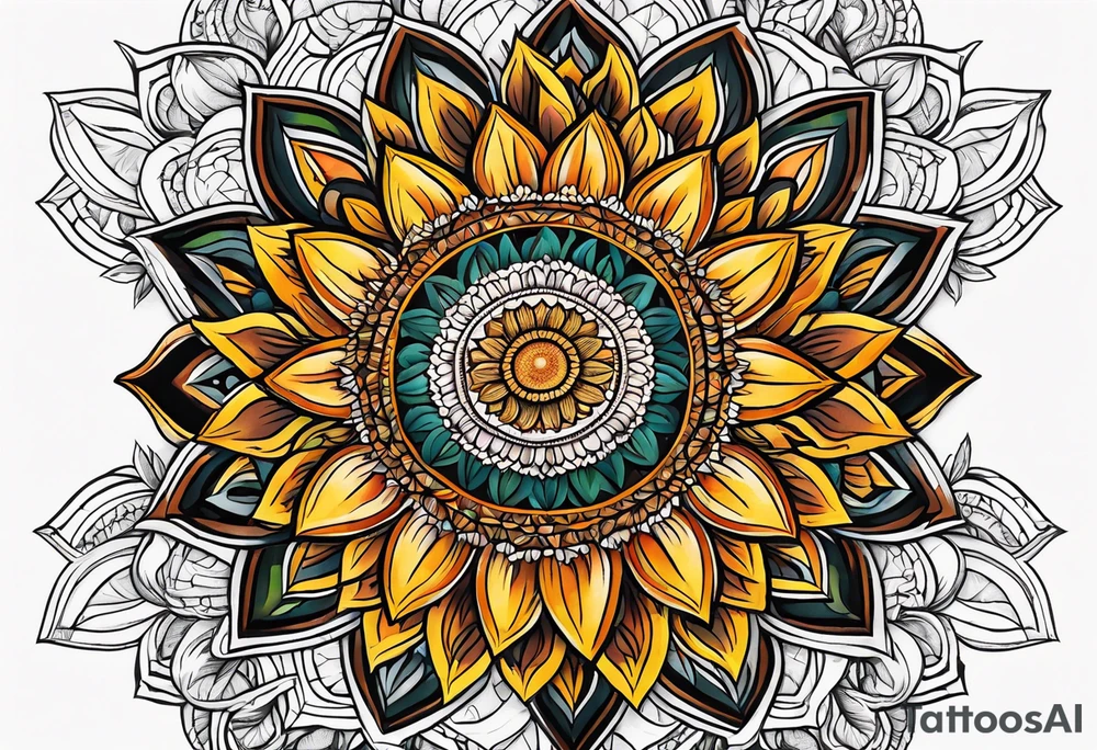 geometric sunflower mandala Knee tattoo in fall colors tattoo idea
