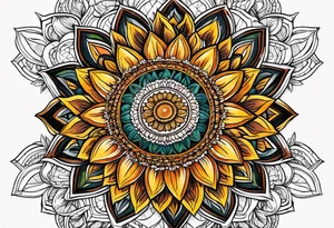 geometric sunflower mandala Knee tattoo in fall colors tattoo idea