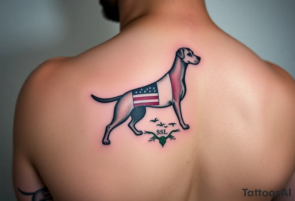 Small forearm Hunting tattoo featuring an upland dog silhouette, Italian and American flag, SSL initials, with some ducks in sky tattoo idea