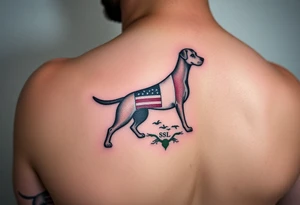 Small forearm Hunting tattoo featuring an upland dog silhouette, Italian and American flag, SSL initials, with some ducks in sky tattoo idea