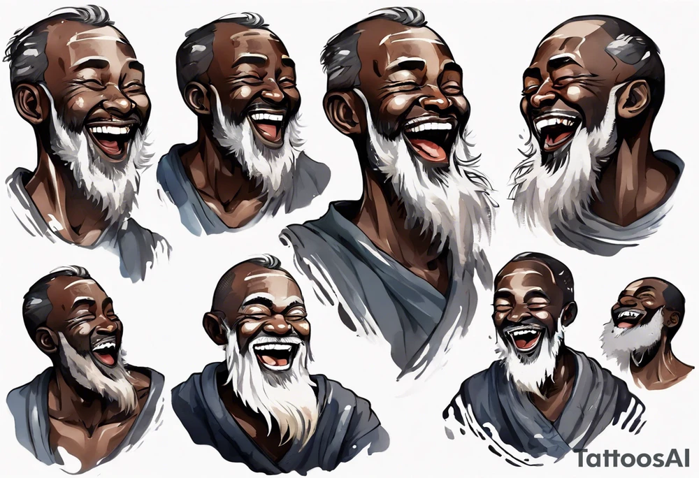 a stout man with dark skin with a grey beard laughing tattoo idea