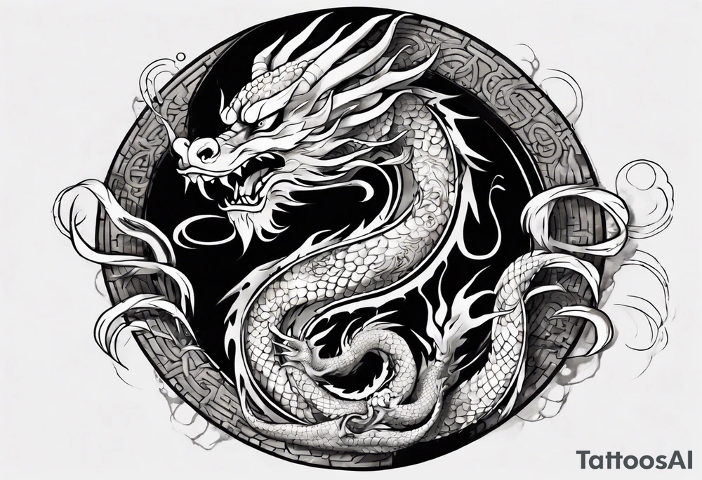 Chinese dragon in a circular shape with "02.03" written on its skin tattoo idea