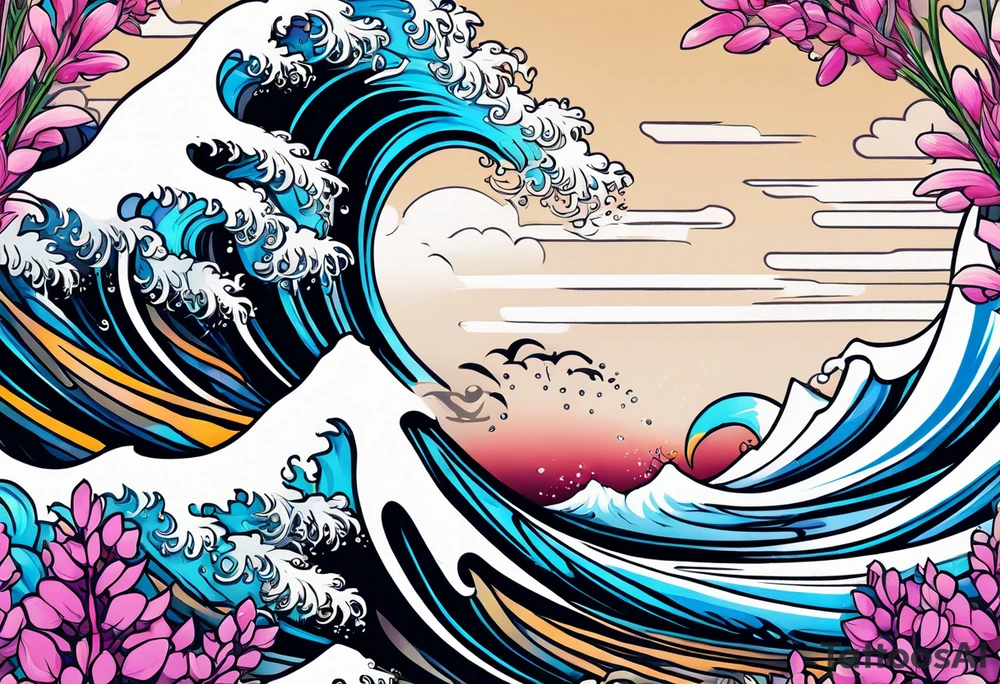 ocean wave surrounded by lupin and fireweed tattoo idea
