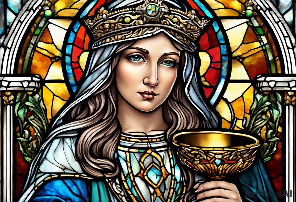 holy saint woman with halo stained glass holding a chalice with artillery tattoo idea