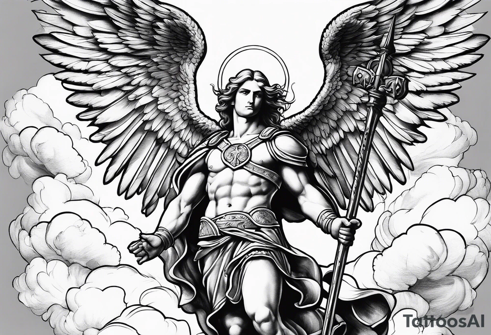 Archangel saint michel with clouds tattoo idea