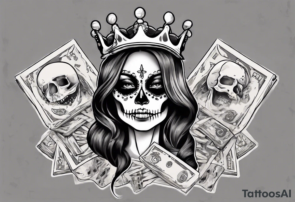 santa la muerta with money and crown
on the card tattoo idea