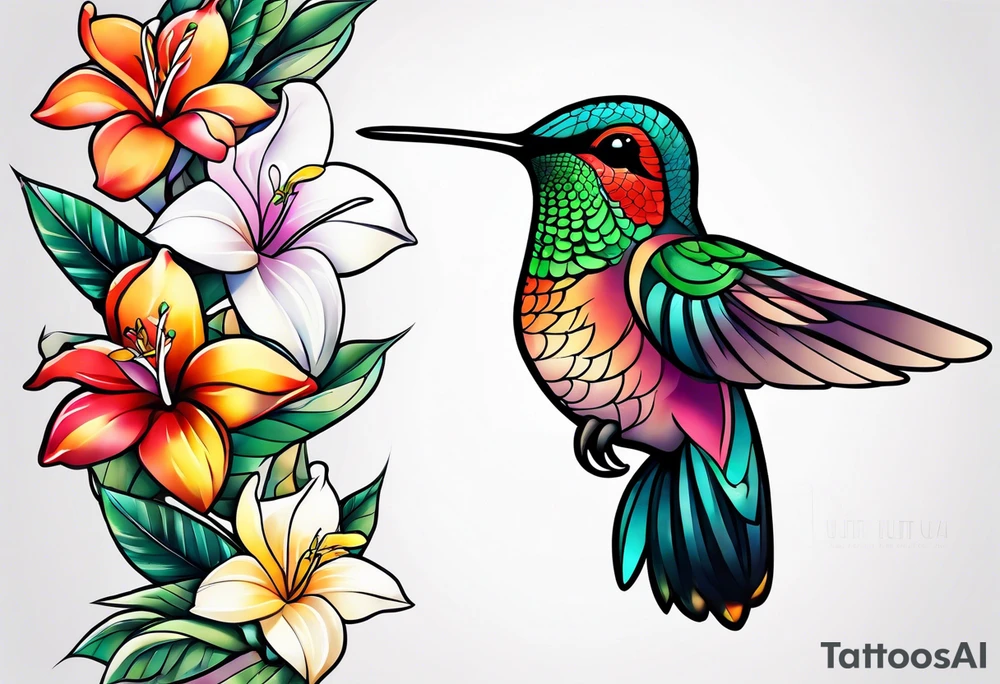 Hummingbird with a plumeria masculine style colorful tattoo idea