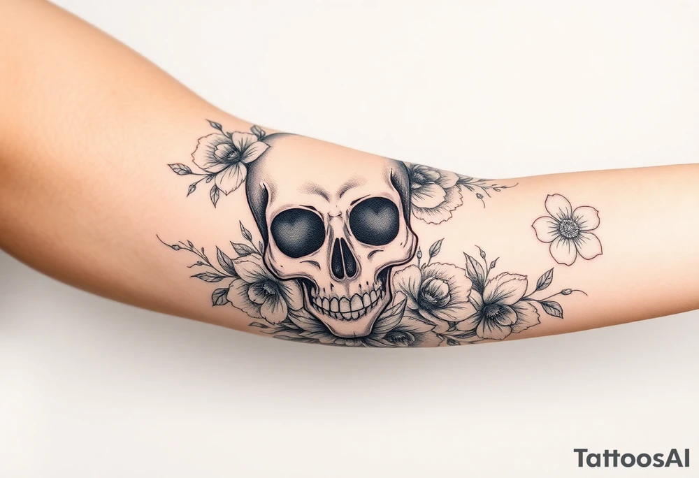 A half sleeve with Gothic pretty skull with heart shaped eyes surrounded by wildflowers and roses tattoo idea