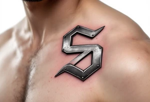 A sleek metallic silver "S" with rivets and industrial texture, like a forged steel emblem. tattoo idea