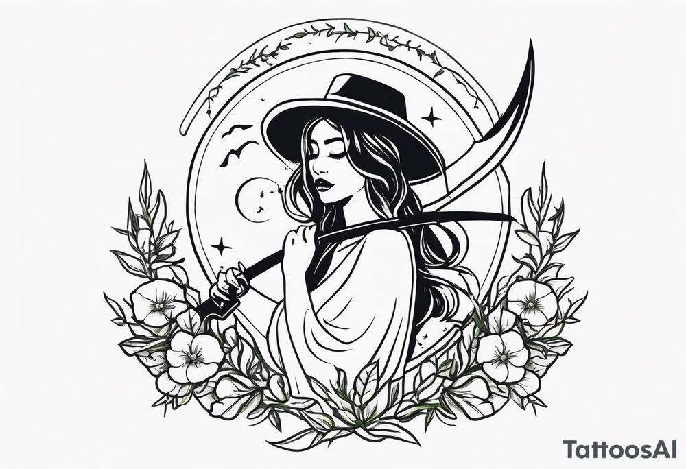 cute feminine deatg with scythe and nightshade tattoo idea