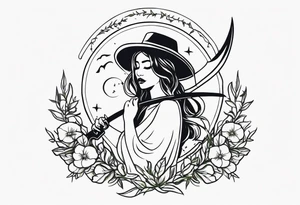 cute feminine deatg with scythe and nightshade tattoo idea