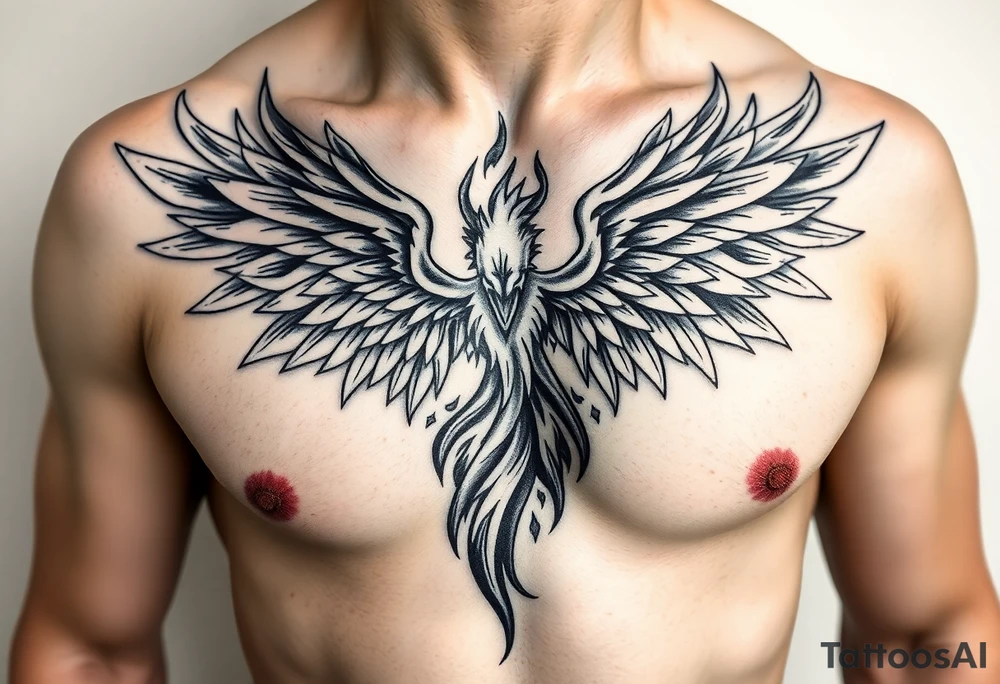 Realistic and symmetrical flaming Phoenix rebirth with spread low wings surrounded by fire mapped onto chest
Phoenix head must be in the middle of the chest, straight and symmetrical 
Fire should be surrounding spread wings
Wings should be spread low only on chest muscle tattoo idea
