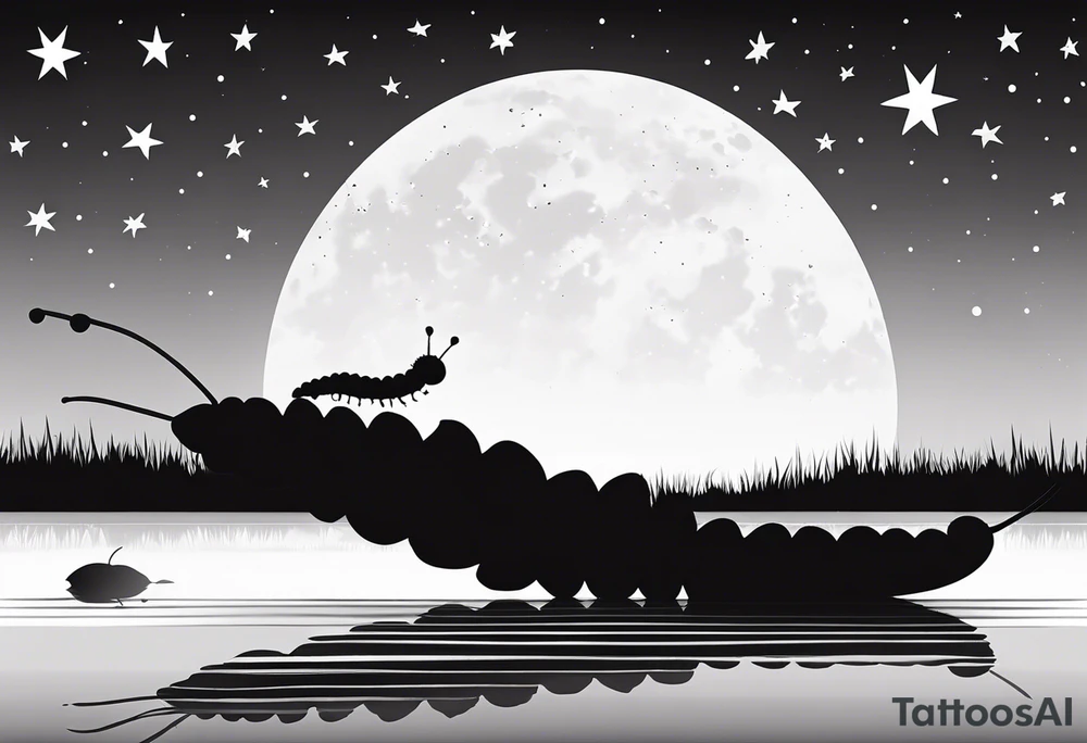 Black and white silhouette illustration of a close-up enchanting caterpillar on an autumn leaf. The caterpillar, with its distinctive body shape, is positioned on the leaf, which is floating on the water of a quiet, enchanted lake. The background shows a starry night sky and a full moon, with the reflection of both the stars and moon on the calm surface of the water. The surrounding environment is captured in soft, flowing shapes that imply the vibrant autumn colors and the tranquil, magical atmosphere of the scene. tattoo idea