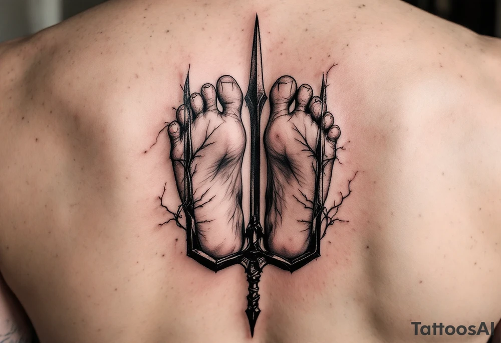 barefeet behind trident tattoo idea