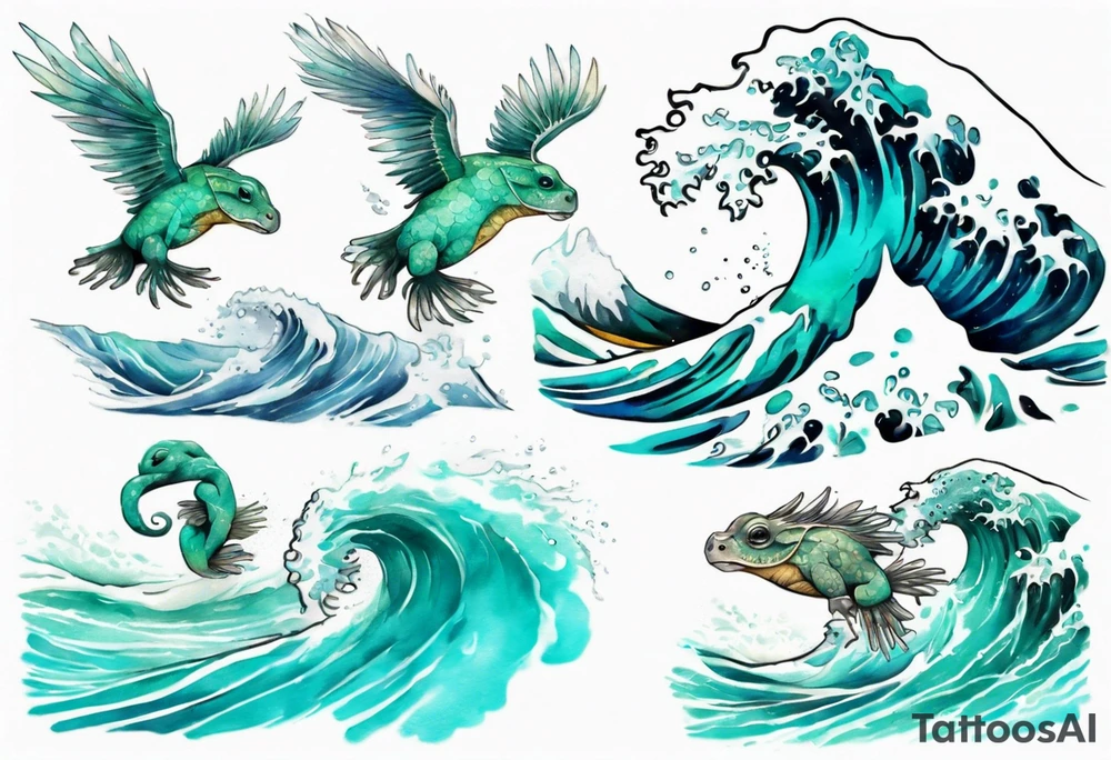 a beautiful turquoise kappa emerging from an ocean wave, crashing onto the shore tattoo idea