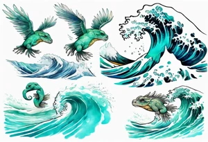 a beautiful turquoise kappa emerging from an ocean wave, crashing onto the shore tattoo idea