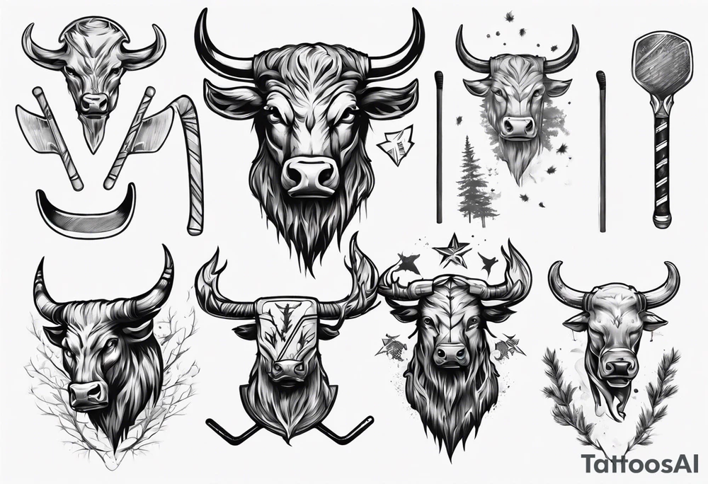 A design that includes a bull head trees and an ice hockey stick tattoo idea