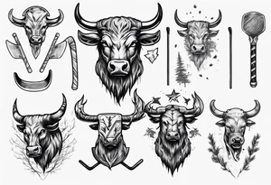 A design that includes a bull head trees and an ice hockey stick tattoo idea