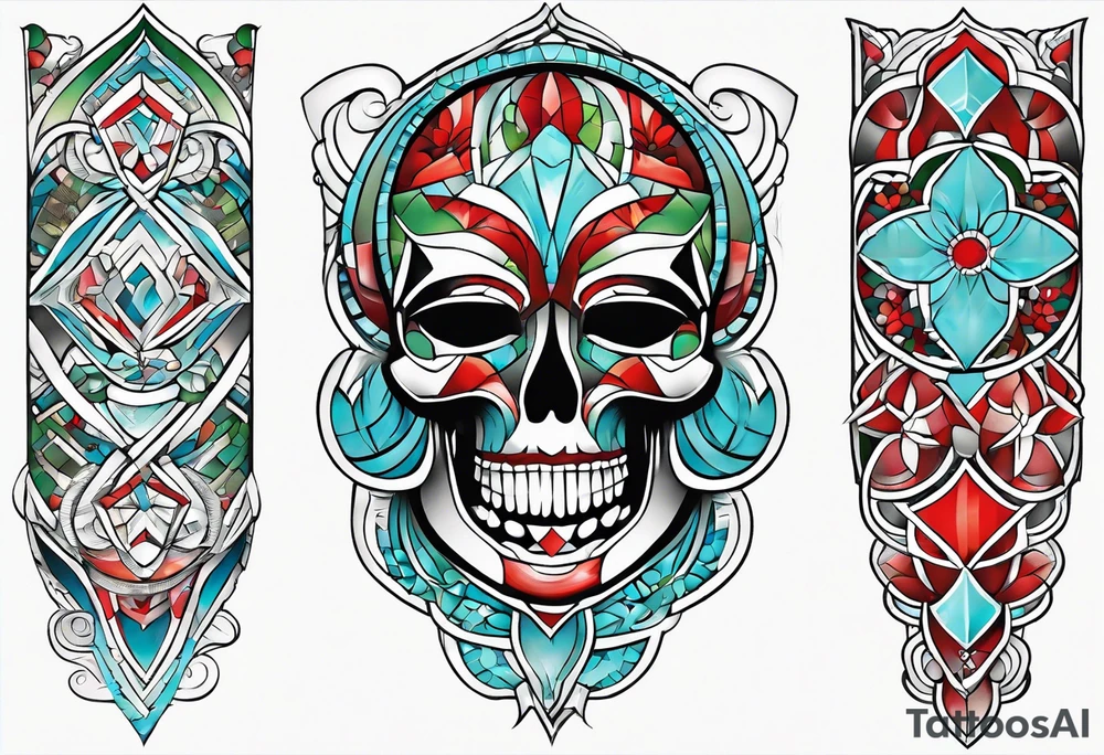 geometric style tattoo on knee with baby blue, red, and green accents. helical pier tattoo idea