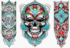 geometric style tattoo on knee with baby blue, red, and green accents. helical pier tattoo idea