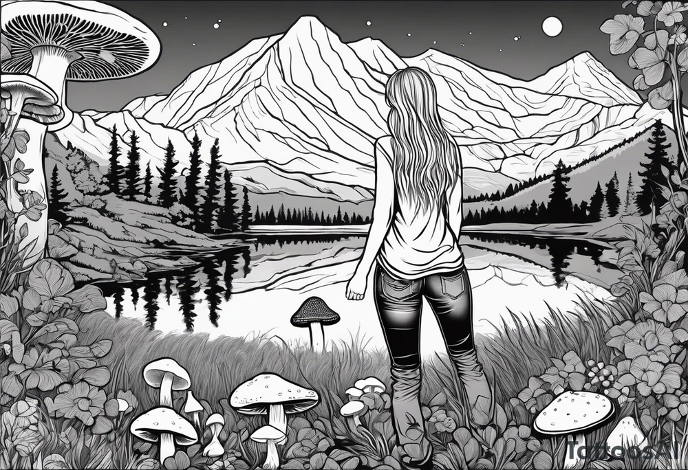 Whole picture encircled fully

Straight long blonde hair hippie girl in distance holding mushrooms in hand facing away toward mountains and creek surrounded by mushrooms long sleeve shirt and hiking pants; whole rendering within a full circle, no cut off circle tattoo idea