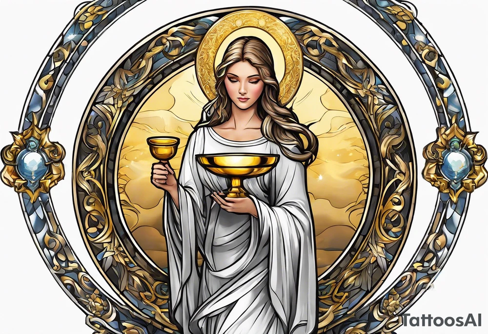 woman saint holding chalice surrounded by golden halo sideways tattoo idea