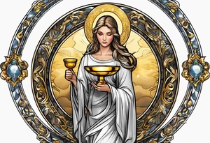 woman saint holding chalice surrounded by golden halo sideways tattoo idea