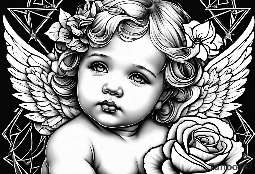 baby angel with a rose tattoo idea