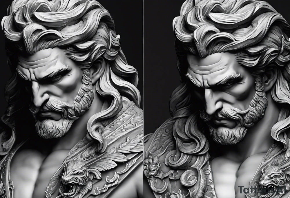 The tattoo features a highly realistic depiction of Hadès, the Greek god of the underworld, holding Cerberus, the three-headed guardian of the underworld, on a chain. Hadès is portrayed with a commanding and imposing presence. His face, marked by stern and intense eyes, exudes authority and control. His dark, flowing hair and beard are rendered with intricate details, adding texture and depth. He is draped in a richly detailed cloak that falls in realistic folds, enhancing his divine and somber demeanor. Cerberus, depicted in a dynamic and fierce pose, is shown with his three heads snarling and baring their fangs. Each head is intricately detailed with lifelike fur, sharp eyes, and menacing expressions. The three heads are chained, with the chains artistically wrapped around Hadès' hand, symbolizing his dominance over the beast. The chains themselves are depicted with realistic textures and shadows, emphasizing their weight and strength. The background remains minimalistic to keep the focus on Hadès and Cerberus. The tattoo uses detailed shading and highlights to bring out the textures of Hadès' cloak, Cerberus' fur, and the chains, capturing the dark and powerful essence of the Greek god and his fearsome guardian. tattoo idea