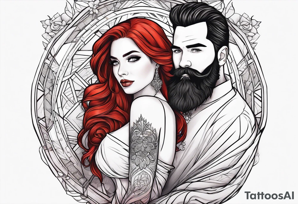 Busty red haired woman with a bearded man who has black hair getting married tattoo idea