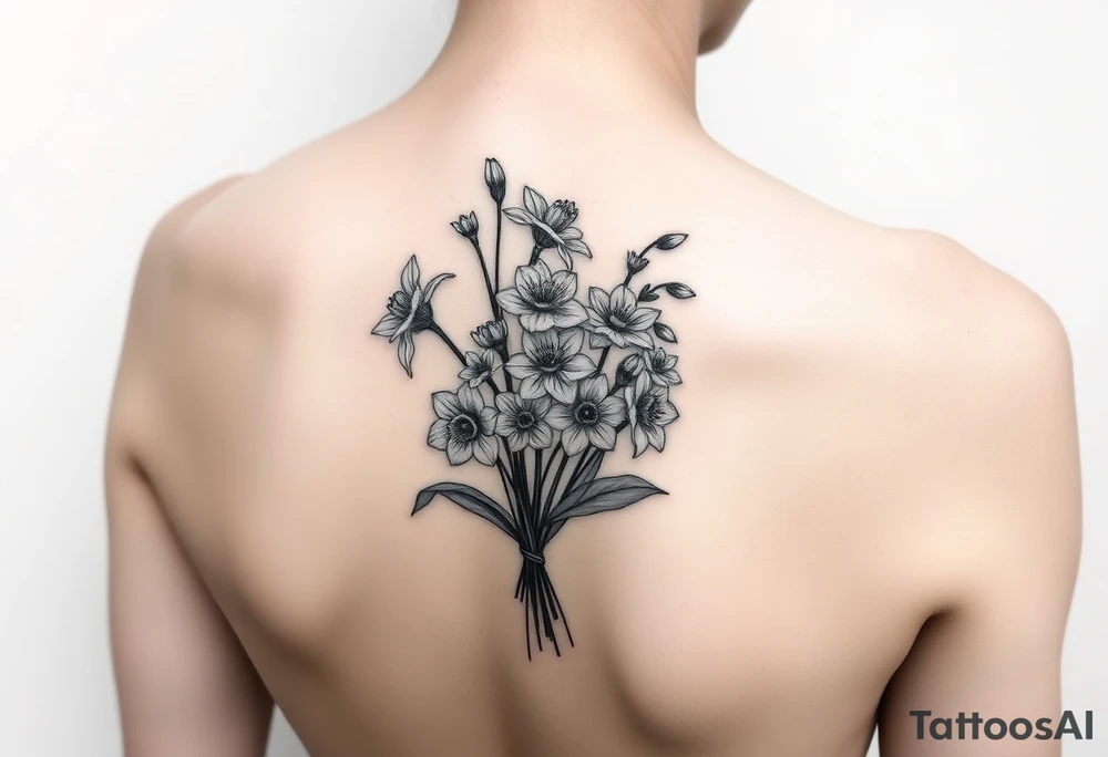 shoulder blade tattoo for women with bouquet of daffodils, daisy, lily of the valley tattoo idea