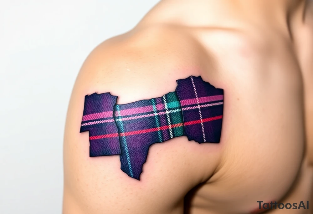 Dark Purple with green pink blue and white highlights tartan fabric on bicep with skin tearing away to reveal tartan underneath tattoo idea