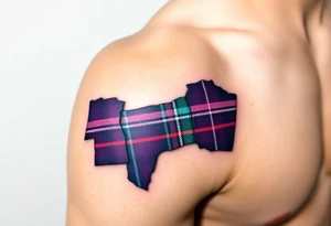 Dark Purple with green pink blue and white highlights tartan fabric on bicep with skin tearing away to reveal tartan underneath tattoo idea
