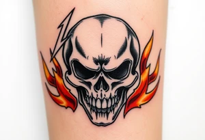 A fierce skull with the iconic Metallica "M" etched into it, surrounded by flames in shades of orange and red, symbolizing the band's fiery intensity. tattoo idea