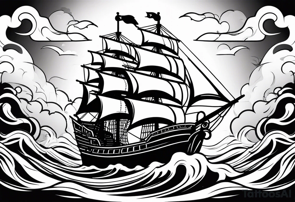 Black pearl pirate ship with waves tattoo idea