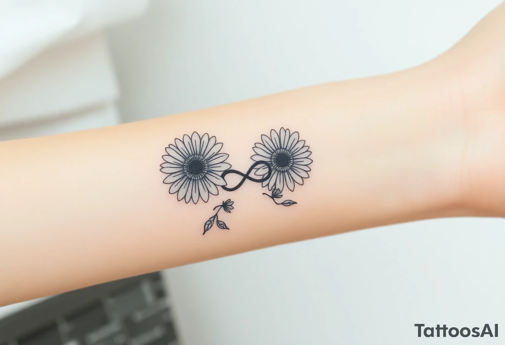 Fine line flower tattoo with 3 gerbera daisies other flowers and infinity symbol worked in as part of the design tattoo idea