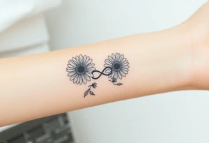 Fine line flower tattoo with 3 gerbera daisies other flowers and infinity symbol worked in as part of the design tattoo idea