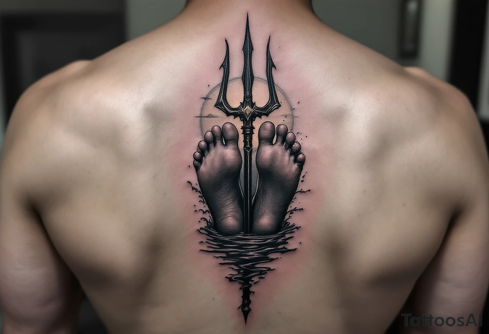 barefeet behind trident with water and sunset tattoo idea