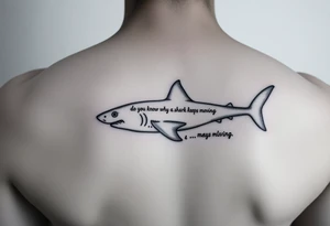 Small Whale shark on back by spine with the words “do you know why a shark keeps moving”wrapped around the shark tattoo idea
