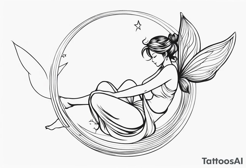 Minimalistic, monochromatic fairy with a tail flying to the left in a fetal position, leaning and looking in the same direction, with visible hands, embodying the 'Fairy Tail' logo aesthetic. tattoo idea