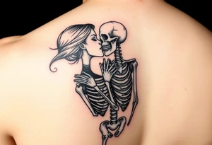 A lady passionately kissing a skeleton tattoo idea