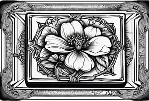 A simple vintage cigar box with a dogwood flower next to it as well as a lit cigar tattoo idea