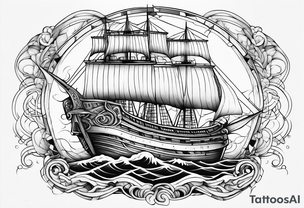 A very abstract mechanical or even technical design in the shape of a ship on fire tattoo idea