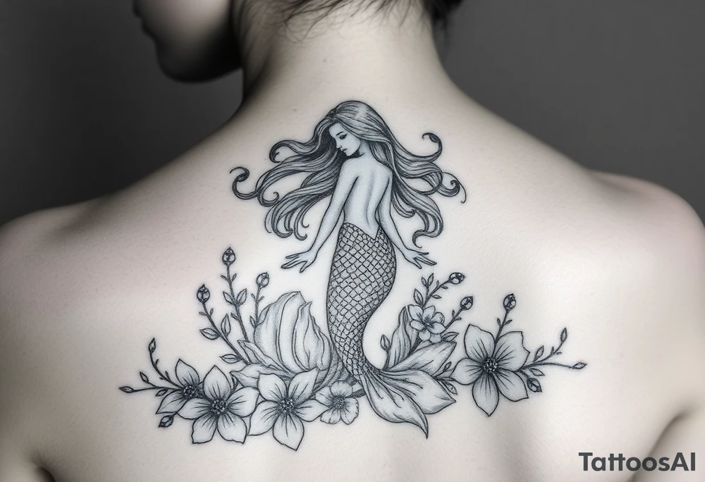 ethereal mermaid with flowing hair among coral and sea flowers and snakes around tattoo idea