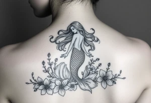 ethereal mermaid with flowing hair among coral and sea flowers and snakes around tattoo idea