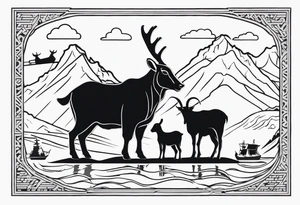 A badger, a goat and a reindeer on Noah's ark with the outlines of Map of Mallorca behind tattoo idea