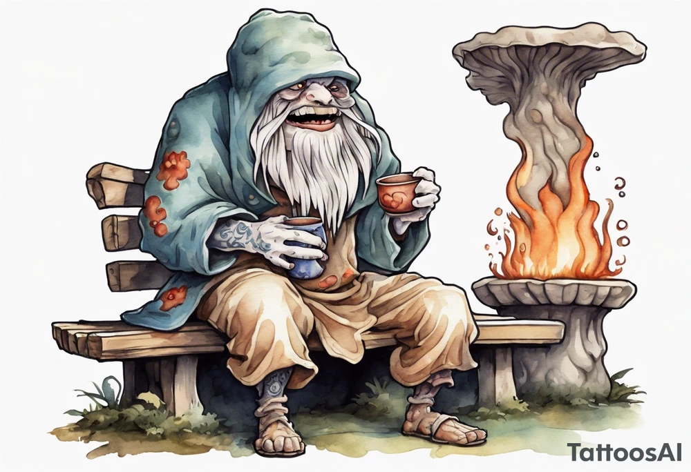 a mushroom-creature wearing a  medieval tunic sitting on a bench by a fireplace drinking from a wood cup, laughing tattoo idea
