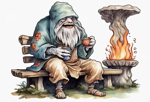 a mushroom-creature wearing a  medieval tunic sitting on a bench by a fireplace drinking from a wood cup, laughing tattoo idea