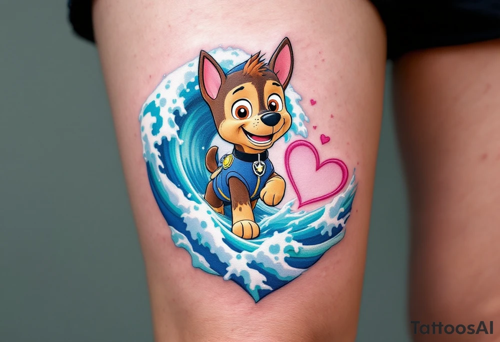 Zuma from Paw Patrol riding a wave with a heart-shaped splash, the wave in shades of turquoise and ocean blue, symbolizing the flow of love and adventure. The heart-shaped splash has soft pink and white details for a romantic touch. tattoo idea