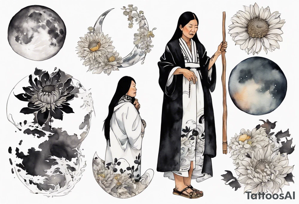 a 50-year-old Anishinaabe woman wearing black and white robes standing on the moon with a chrysanthemum tattoo idea